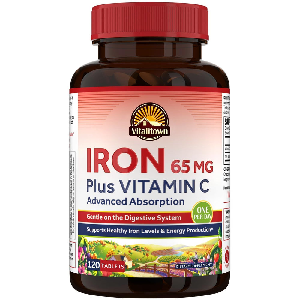 Vitalitown iron supplement bottle with high potency iron for daily support.