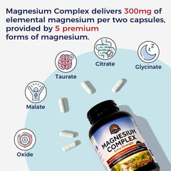 Vitalitown Magnesium Complex label panel highlights 300 mg magnesium for bone and nerve support.