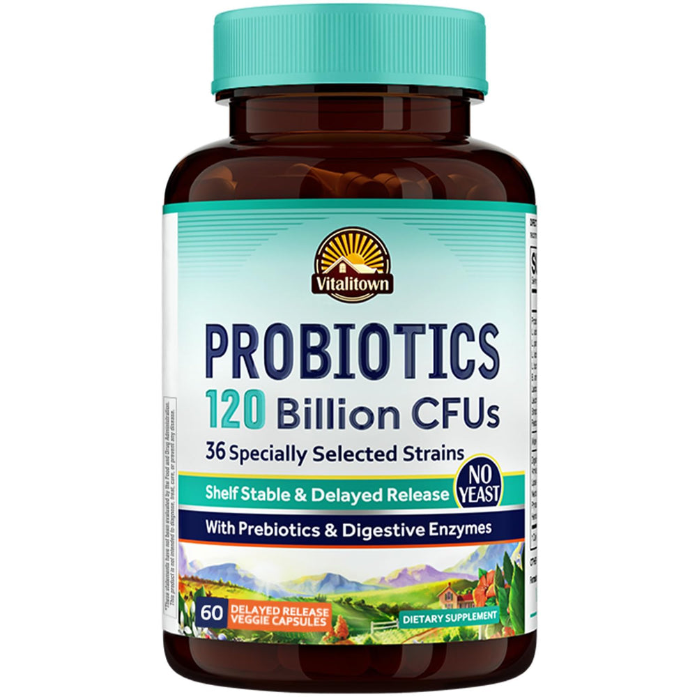 Vitalitown Probiotics bottle – front view, highlights 120B CFUs for gut balance
