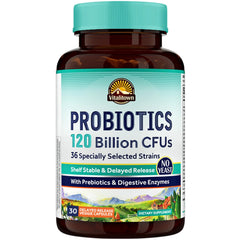 Vitalitown Probiotics bottle front view highlighting 120B CFUs and 36 strains