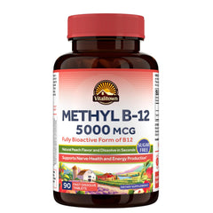 Vitalitown Vitamin B12 methylcobalamin 5000 mcg fast-dissolve tablets for energy support.