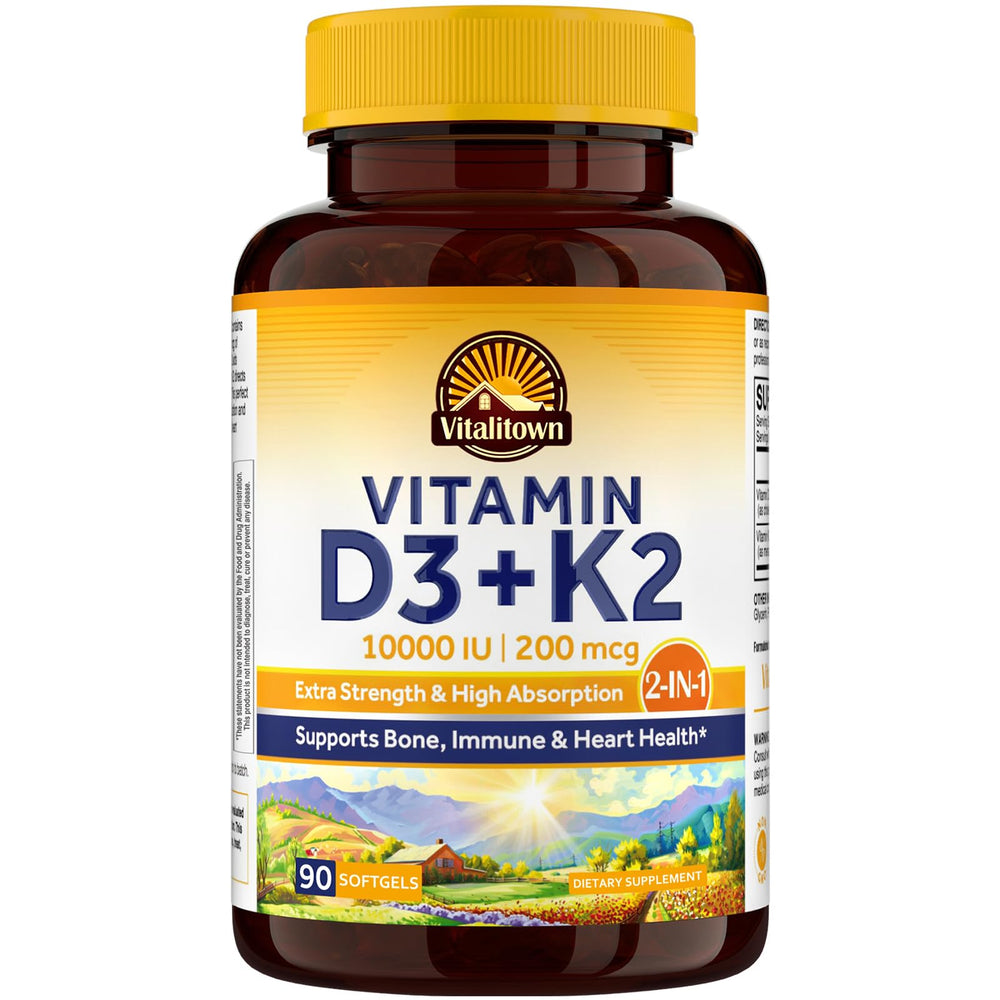 Vitalitown Vitamin D3 K2 softgel bottle for daily bone and immune support.