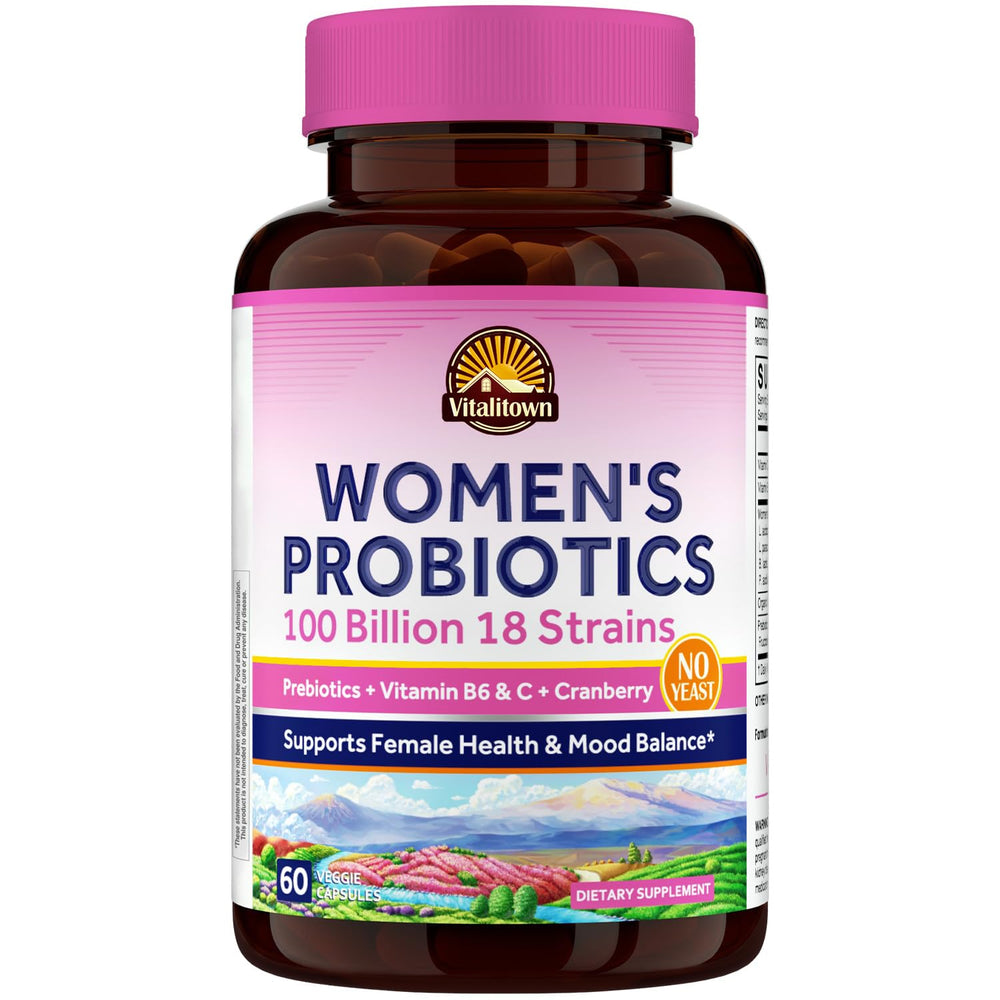 Vitalitown Women’s Probiotics bottle front shows 100B CFU blend for gut and urinary support