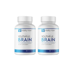 Vitality Now Youthful Brain bottle front view highlighting easy daily tablets for steady mental energy.