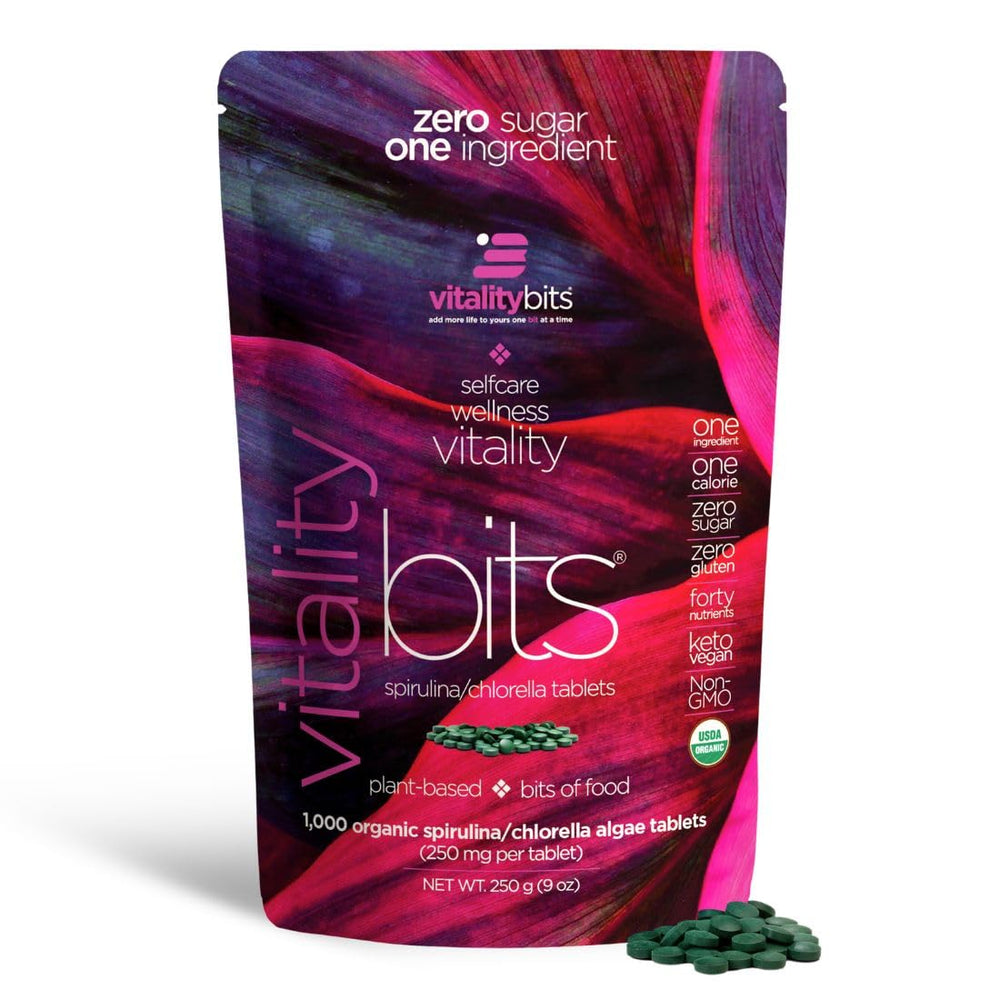VITALITYbits bottle pouring tablets for easy daily energy and focus.