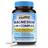 Vitalibre Magnesium Complex bottle front view with capsules for easy daily relaxation.