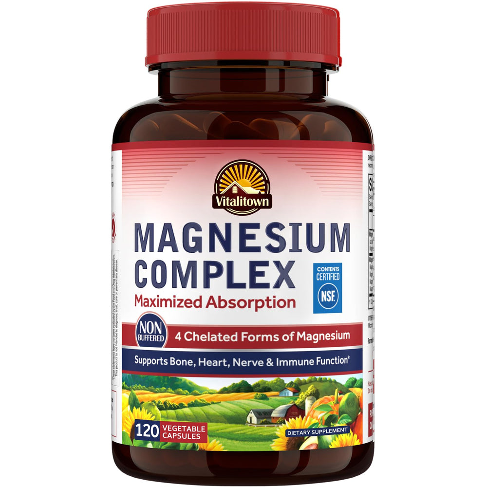 Vitalitown Magnesium Complex bottle front highlights four chelated forms for balanced daily support.