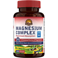 Vitalitown Magnesium Complex bottle front highlights four chelated forms for balanced daily support.