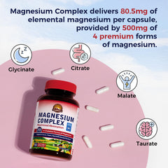 Vitalitown Magnesium Complex capsules row demonstrates convenient daily dosing in a 120-count bottle.