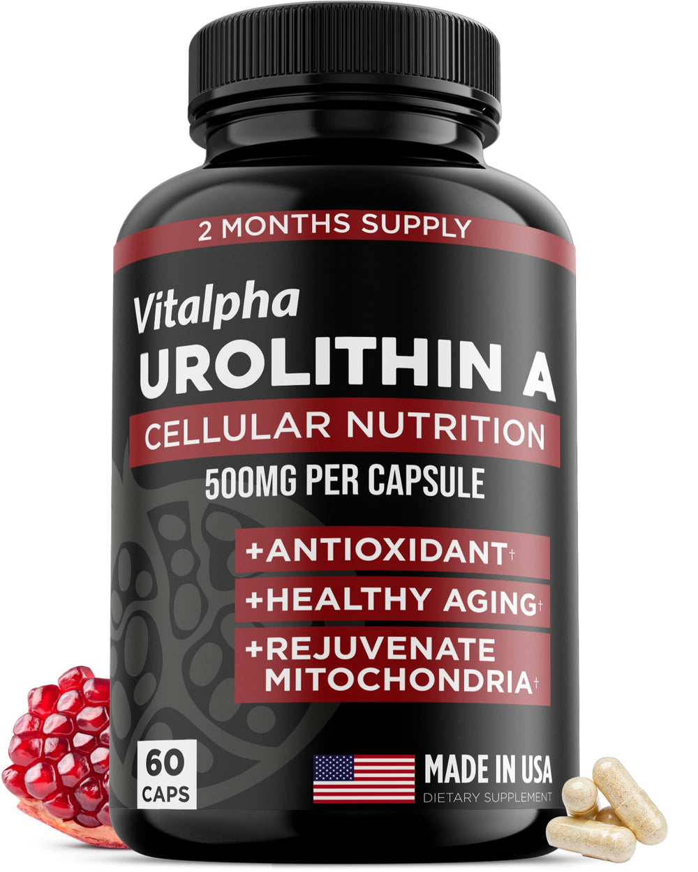VITALPHA Urolithin A bottle showing 500 mg formula for cellular health and energy support