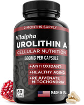 VITALPHA Urolithin A bottle showing 500 mg formula for cellular health and energy support
