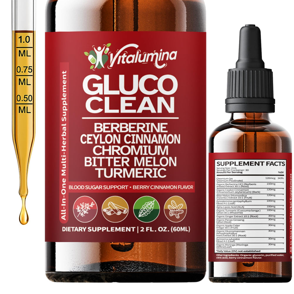 Vitalumina Gluco Clean bottle front with label, sugar-free herbal blend for daily wellness.
