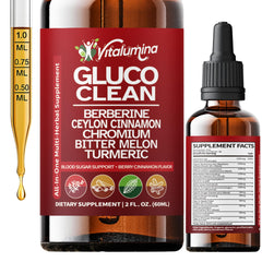 Vitalumina Gluco Clean bottle front with label, sugar-free herbal blend for daily wellness.