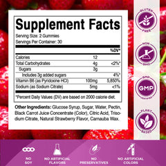 Vitamatic B6 gummies strawberry bottle back with nutrition details.