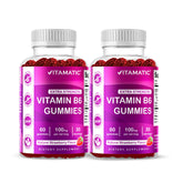 Vitamatic B6 gummies strawberry bottle front for vegan energy support.