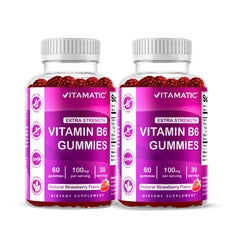 Vitamatic B6 gummies strawberry bottle front for vegan energy support.