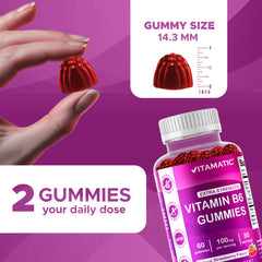 Vitamatic B6 gummies strawberry box packaging highlighting 2-pack value.