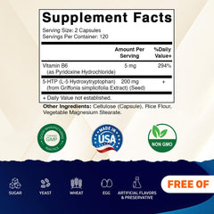 Vitamatic 5-HTP bottle back label with ingredient details.