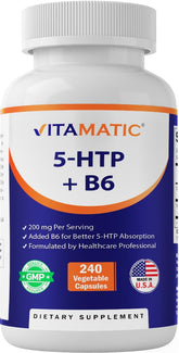 Vitamatic 5-HTP bottle front shows mood-support potential.
