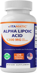 Vitamatic Alpha Lipoic Acid bottle front highlighting high potency 1200mg per serving.