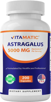 Vitamatic Astragalus capsules bottle front highlighting daily immune support potential