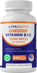 Vitamatic Vitamin B12 bottle pouring with berry flavor for fast absorption