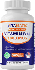 Vitamatic Vitamin B12 fast-dissolve bottle with berry flavor for quick daily energy support.