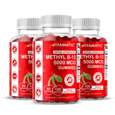 Vitamatic Extra Strength B12 Gummies bottle front with natural cherry flavor for daily energy support
