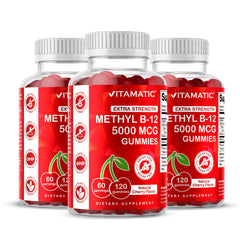 Vitamatic Extra Strength B12 Gummies bottle front with natural cherry flavor for daily energy support