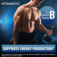 Vitamatic Vitamin B6 bottle with glass of water for daily use