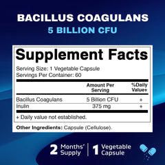 Vitamatic Bacillus Coagulans bottle back label showing ingredients and dosage.