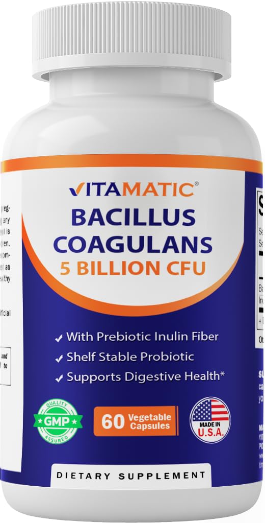 Vitamatic Bacillus Coagulans bottle front for daily digestive support.