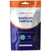 Vitamatic Bacillus Subtilis powder bottle shows high potency for gut support.