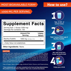 Vitamatic Bacillus Subtilis powder scoop illustrates easy daily serving.