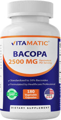 Vitamatic Bacopa Monnieri bottle close-up showing 180 capsules for daily use.