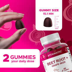 Vitamatic Beet Root Gummies ingredient list close-up, highlighting vitamins.