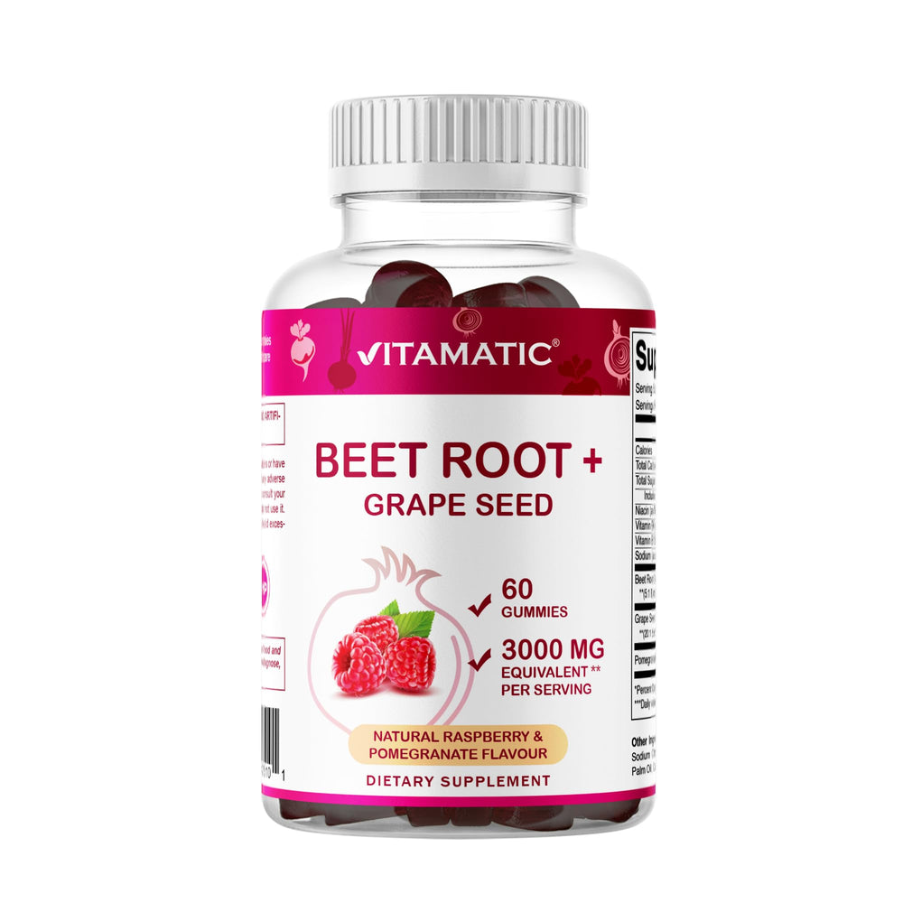 Vitamatic Beet Root Gummies pack front, vibrant color for daily wellness.