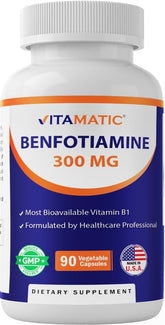 Vitamatic Benfotiamine bottle label close-up highlighting potency and purity
