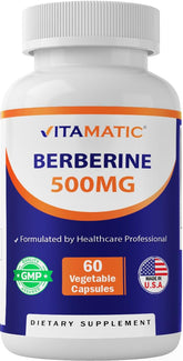 Vitamatic Berberine bottle front view, gluten-free, non-GMO formula