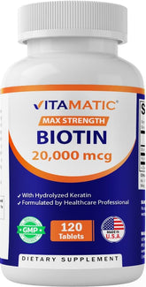 Vitamatic Biotin bottle shows 20,000 mcg potency for hair support.