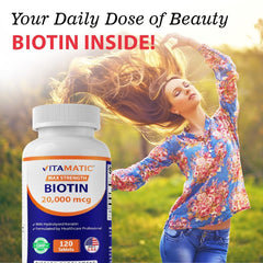 Vitamatic Biotin bottle on a bathroom counter ready for daily use.