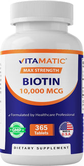 Vitamatic Biotin bottle label shows 10,000 mcg for hair and nails support.