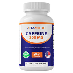 Vitamatic caffeine pills bottle front showing energy-boosting supplement
