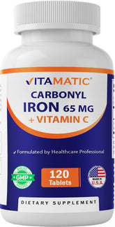 Vitamatic Carbonyl Iron tablet closeup highlighting gentle iron support for energy.