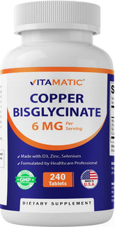 Vitamatic Copper Bisglycinate bottle front for daily immune support and overall wellness.