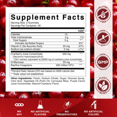 Vitamatic Cranberry Gummies label closeup highlighting ingredients and potency