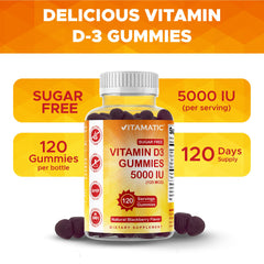 Vitamatic D3 bottle label close-up emphasizing 5000 IU potency.