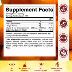 Vitamatic D3 gummies close-up, bright orange color, great taste.