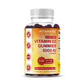 Vitamatic D3 sugar-free bottle with 5000 IU gummies for bone health and daily wellness.
