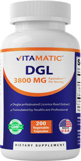 Vitamatic DGL Licorice bottle close-up for digestive comfort support.